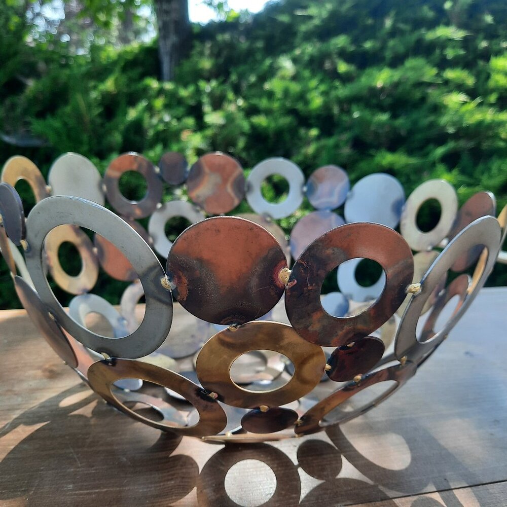 Vintage Brass Copper Mixed Metal Bowl Welded Washer Patina Open Weave Bowl 11x6"